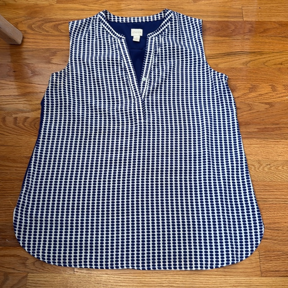 Chicos Womens Tunic Blouse Blue Polka Dot Sleeveless V-Neck Button Up